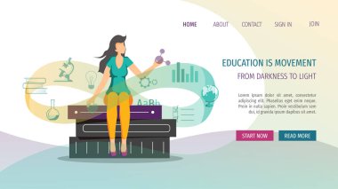 Online kurslar, eğitim, bilgi ve e-öğrenme için web sayfası tasarımı. Genç kadın kitap ve basit düz simgeleri etrafında oturuyor. Poster, afiş ve web sitesi geliştirme için vektör illüstrasyon.