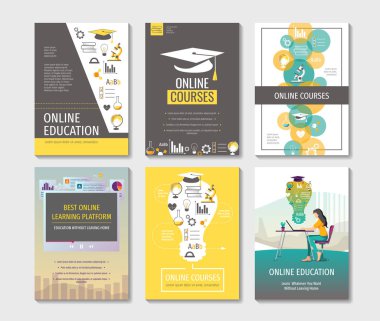 El ilanları, posterler, afişler, broşür tasarım şablonları kümesi. Uzaktan eğitim, online kurslar, e-öğrenme, web semineri kavramı.