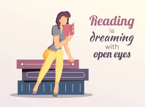 Reading Dreaming Open Eyes Quote Woman Sitting Books Reading Inspirational — Stock Vector