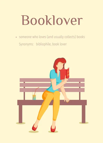 Bankta Oturan Kitap Okuyan Bir Kadın Kitap Severler Bibliyophiles Için — Stok Vektör