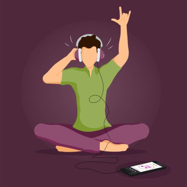 Akıllı telefondan kulaklıkla müzik dinleyen genç adam. Ses çalan mobil uygulamalar, müzik severler kavramı. Poster, afiş, kart, el ilanı için düz tarzda vektör illüstrasyon.