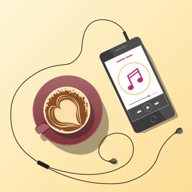 Bir fincan kahve, akıllı telefon ve kulaklıkla en iyi görüntü. Mobil ekranda müzik çalar. Kart, poster, afiş, kapak, kartpostal için kullanılabilir.