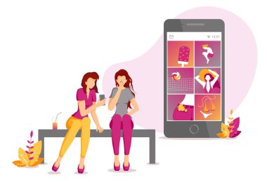Fotoğraf düzenleme uygulamaları için poster tasarımı, Mobil galeri. Ekranda bir fotoğraf galerisi olan akıllı telefon ve tatil fotoğraflarına bakan kadınlar. Poster, afiş, el ilanı, kart için vektör çizimi.