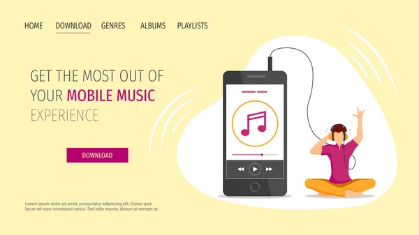 Web Seite Design Vorlage Für Musik Player Smartphone Apps Musikliebhaber — Stockvektor