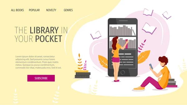 Webseiten Design Vorlage Für Book Reader Apps Bibliotheken Bücherliebhaber Handy — Stockvektor