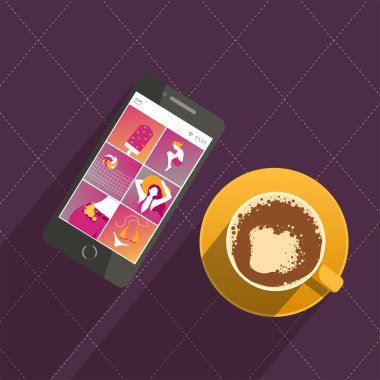 Karanlık arka planda bir fincan kahve ve akıllı telefon içeren modern üst görünüm illüstrasyonu. Mobil ekranda fotoğraf galerisi. Kart, poster, afiş, kapak, kartpostal için kullanılabilir.