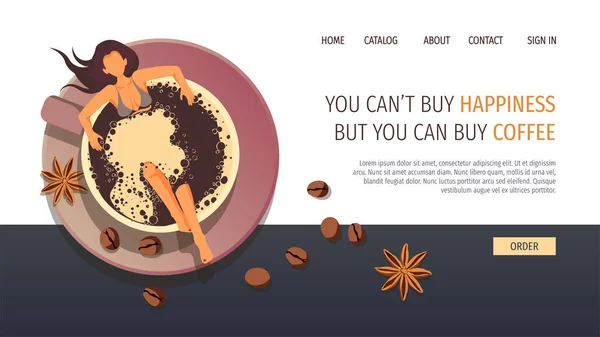 Webpaginaontwerp Sjabloon Voor Koffie Café Bar Koffieshop Commerce Vrouw Zwemmen — Stockvector