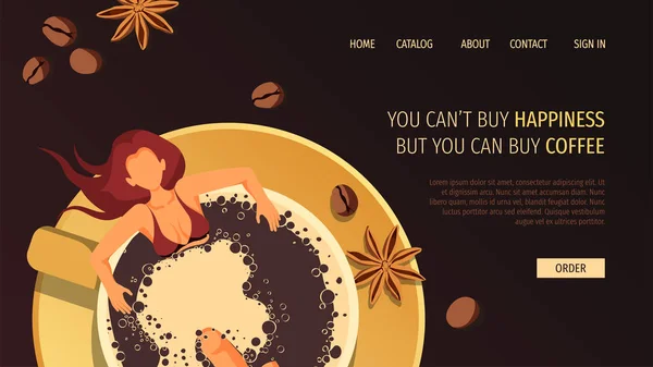 Webpaginaontwerp Sjabloon Voor Koffie Café Bar Koffieshop Commerce Vrouw Zwemmen — Stockvector