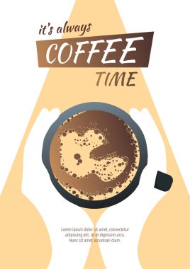 Broşür, afiş, afiş, kahve için broşür tasarım şablonu, kafe bar, restoran menüsü, kahve dükkanı. Bir fincan kahve tutan ellerde üstteki görünüm.