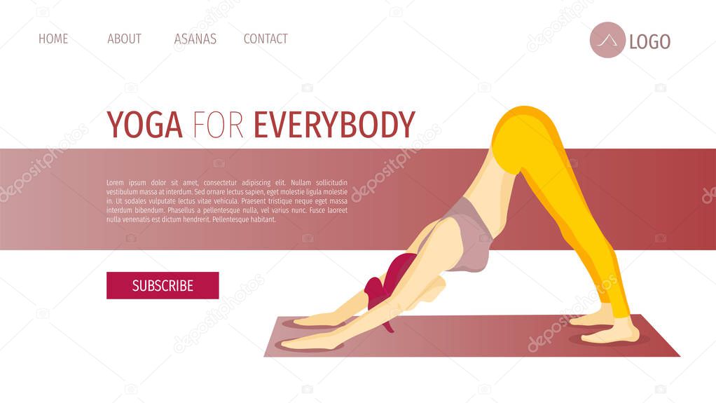 Web page design template with woman standing in the downward-facing dog position. The concept of Yoga classes, healthy lifestyle, sport. Vector illustration for poster, banner, website.