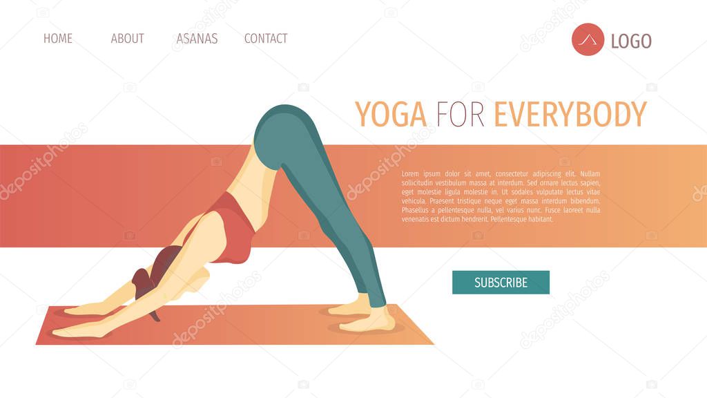 Landing page design with woman standing in the downward-facing dog position. The concept of Yoga classes, healthy lifestyle, sport. Vector illustration for poster, banner, website.