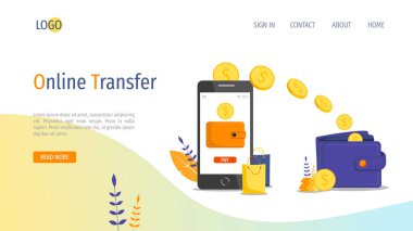 Online transfer, Ödeme, Finans, Tasarruf mevduat için açılış sayfası tasarım şablonu. Akıllı telefon, mobil ödeme uygulaması, cüzdan ve nakit vardır. Poster, sunum, afiş, web sitesi için mükemmel.