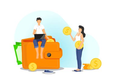 Finans, Sermaye ve Karlar, Kazanç para, Servet ve Tasarruf insanlar, çanta ve nakit için Banner tasarım. Poster, afiş, sunum, el ilanı için düz bir tarzda vektör illüstrasyon.