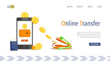 Online transfer, Ödeme, Finans, Tasarruf mevduat için açılış sayfası tasarım şablonu. Akıllı telefon, mobil ödeme uygulaması, çanta ve nakit vardır. Poster, sunum, afiş, web sitesi için mükemmel.