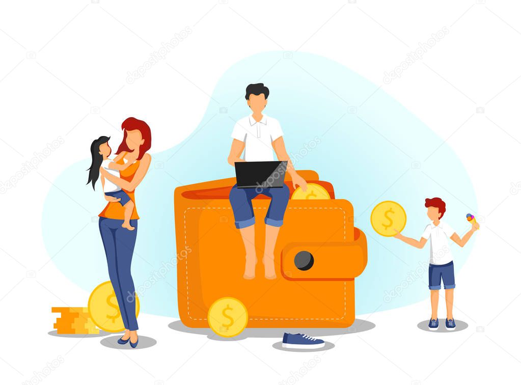 Banner design for Family Finances, Capital, Profits and Savings with young family, purse and cash. Vector illustration in a flat style for poster, banner, presentation, flyer.