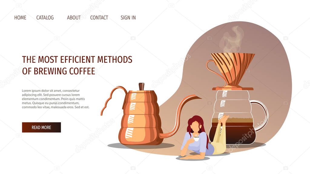 Web page design template for coffee brewing methods, coffeemakers, pour-over and coffee shop. Woman drinking Pour over coffee, kettle and vessel with coffee dripper. Poster, banner, website design.