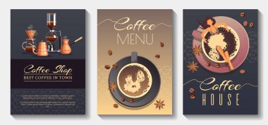 Broşür seti, poster, afiş, kahve için broşür tasarım şablonları, kafe bar, restoran menüsü, kahve dükkanı ve kahvehane. 