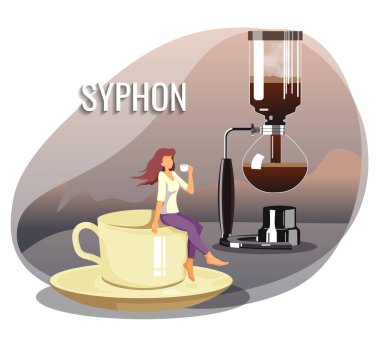 Kahve demleme yöntemi, kahve makinesi, vakumlu demlik ve kahve severler konsepti. Bir fincanın kenarında oturan ve Syphon'da kahve içen kadın. Poster, afiş, kapak, kart için vektör çizimi.