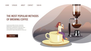 Kahve demleme yöntemleri, kahve makineleri, Vakum demlik ve kahve dükkanı için web sayfası tasarım şablonu. Bir fincanın kenarında oturan ve Syphon'da kahve içen kadın. Poster, afiş, web sitesi tasarımı.