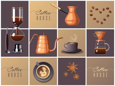 Kahvehane, demleme barı için afiş veya afiş tasarımı. Pour-over, Türk kahvesi, Syphon, Gooseneck su ısıtıcısı, kahve çekirdekleri, yıldız anason ve kahve fincan. Vektör çizimi.