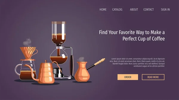 Webpaginaontwerp Sjabloon Voor Koffie Café Bar Koffieshop Koffiezetapparaat Pour Turkse — Stockvector