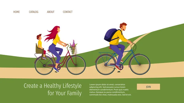Bisiklete Binen Genç Aile Yle Web Sayfası Şablonu Sağlıklı Yaşam — Stok Vektör