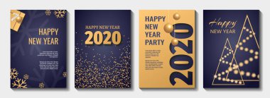 Set Flyer, poster, afiş, mutlu yeni yıl 2020 için broşür tasarım şablonları. Mavi ve altın kollektörler. Noel topları, soyut noel ağacı, kar taneleri, hediye kutusu. Davet, kart için mükemmel.