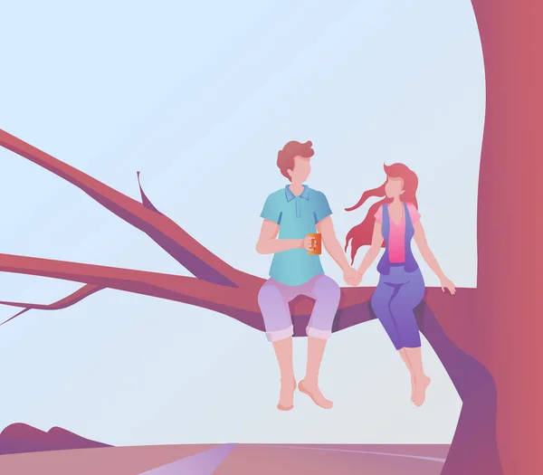 Illustration Vectorielle Romantique Avec Jeune Couple Assis Sur Une Branche — Image vectorielle