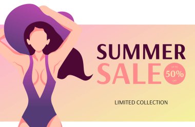 Bir mayo ve büyük şapka güzel kadın ile Yaz Satılık için El İlanı tasarımı.