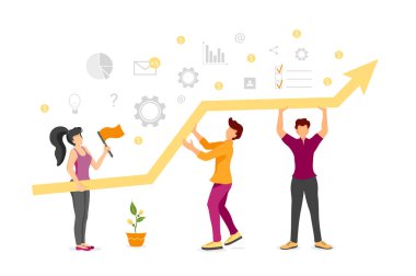 Veri analizi, ekip çalışması, istatistik, başarı, verimlilik ve iş akışı vektör illüstrasyon kavramı. Growt grafik ve küçük insanlar bir takım çalışan. Banner, iş sunumu için mükemmel.