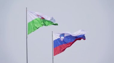 Slovenya ve başkenti Ljubljana'nın yavaş çekim bayrakları rüzgarda sallanıyor
