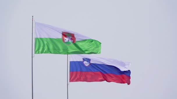 Slow motion flags of Slovenia and its capital Ljubljana in decreasing wind — Stock Video