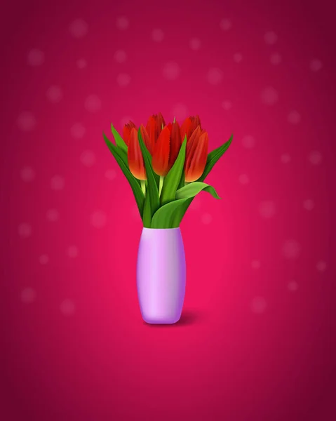 Vörös Tulipánok Lila Háttérrel Üdvözlőlap Női Bouguet Tulipánok Váza Vektor — Stock Vector