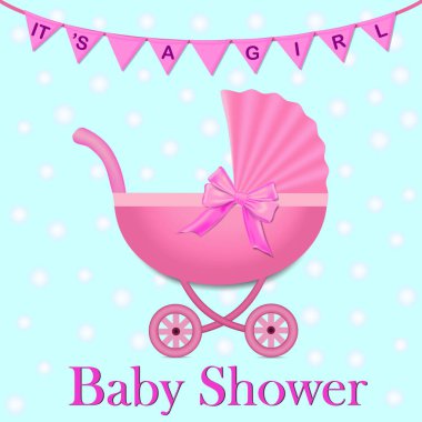 Pembe Bebek Arabası ve kız bebek için bir yay. Bayraklar ve bebek arabası ile Baby Shower davetiyesi. Gerçekçi tarzda bebek arabası.vektör illüstrasyon eps10