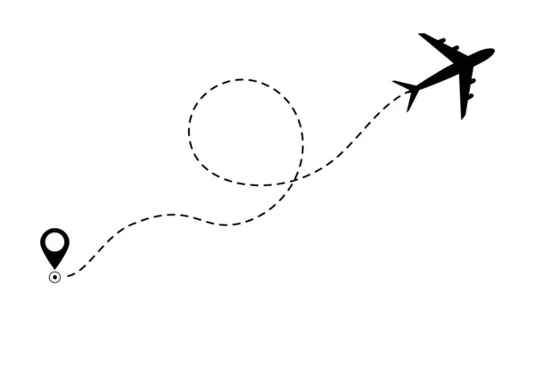 飛行機の飛行ルートの飛行機ラインパスアイコン 飛行機の旅の概念 孤立した背景のシンボル 平らな黒い飛行機が飛んで 黒い破線のトレースラインを残します ベクトル Eps10 — ストックベクタ