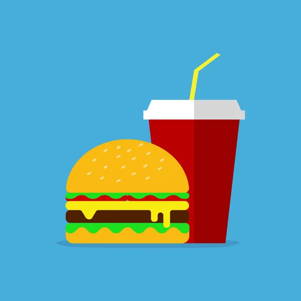 맛있는 패스트 파란색 배경에 콜라가 햄버거 — 스톡 벡터