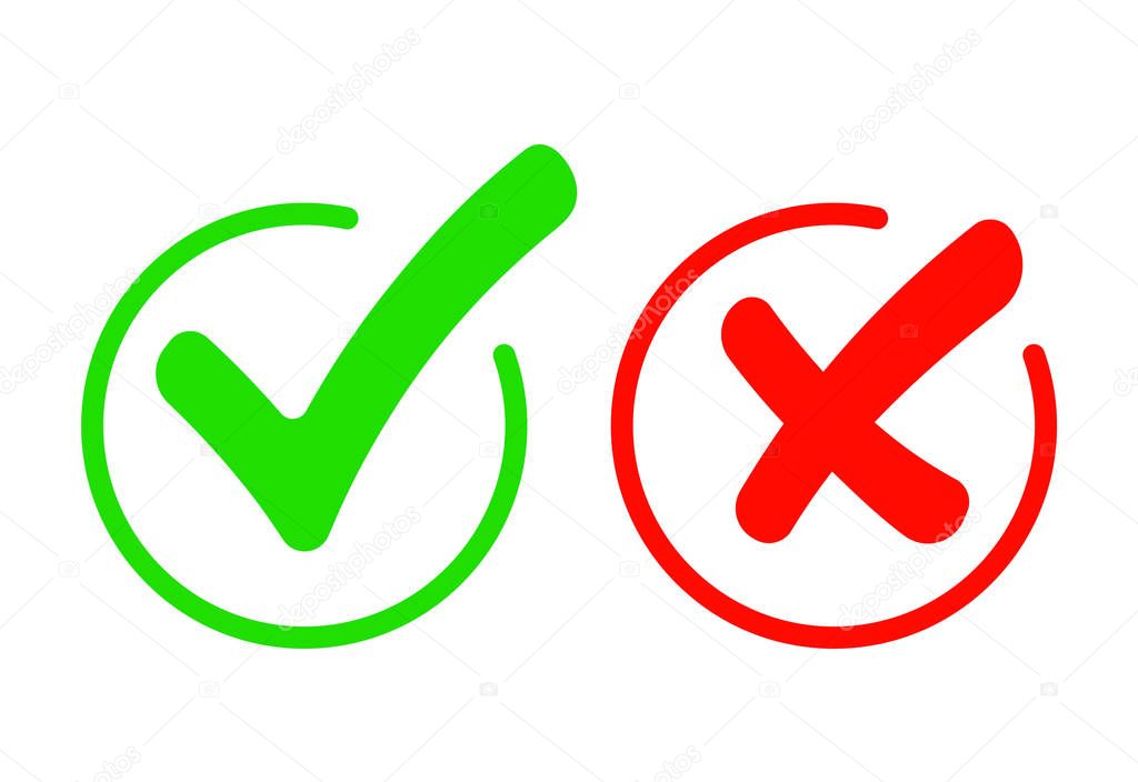 Check mark icon set. Gree Tick and red cross flat simbol. Check ok, YES or no, X marks for vote, decision, web . vector eps 10