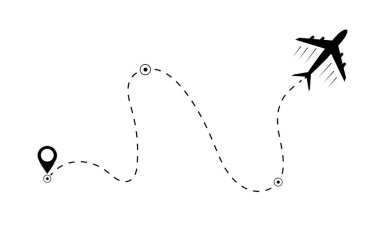 Uçak uçağı uçuş güzergahı uçak hattı simgesi. Uçak seyahat konsepti, izole arka plan üzerinde sembol. Düz siyah uçak uçan ve siyah kesikli iz hattı bırakın. vektör eps10