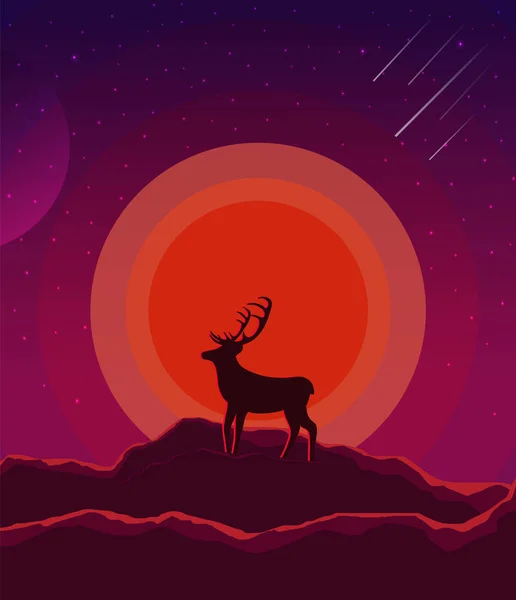 Landscape with sunset, planet and starry sky. Nature landscape  in shades violet, purple with silhouette of a deer and mountains. vector eps10