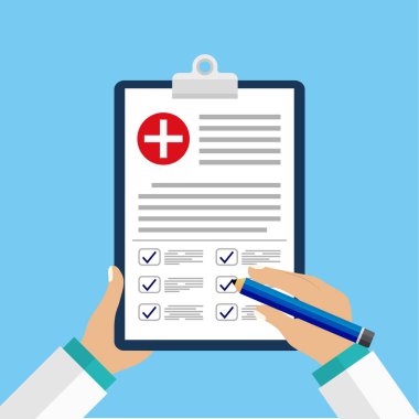 Klinik kayıt, reçete, sağlık kontrol raporu, sağlık sigortası kavramları. Web sitesi veya mobil uygulamalar tasarımı için mockup tarzı nda kontrol listesi ve tıbbi çapraz ve doktor elleri ile Pano. eps10