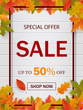 Çerçeve, mevsimlik sonbahar yaprakları ve ahşap ile web sitesi için Sonbahar satış şablonu arka plan. Özel teklif, sonbahar satışı, indirimli afiş. web için alışveriş indirimi promosyon. vektör eps10