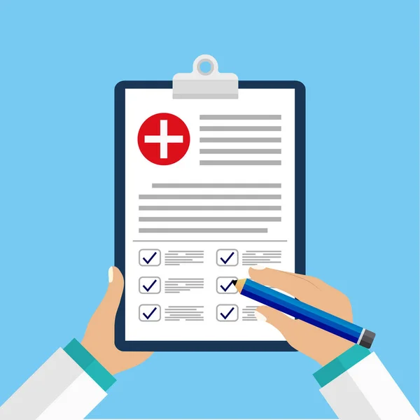 Klinik kayıt, reçete, sağlık kontrol raporu, sağlık sigortası kavramları. Web sitesi veya mobil uygulamalar tasarımı için mockup tarzı nda kontrol listesi ve tıbbi çapraz ve doktor elleri ile Pano. eps10