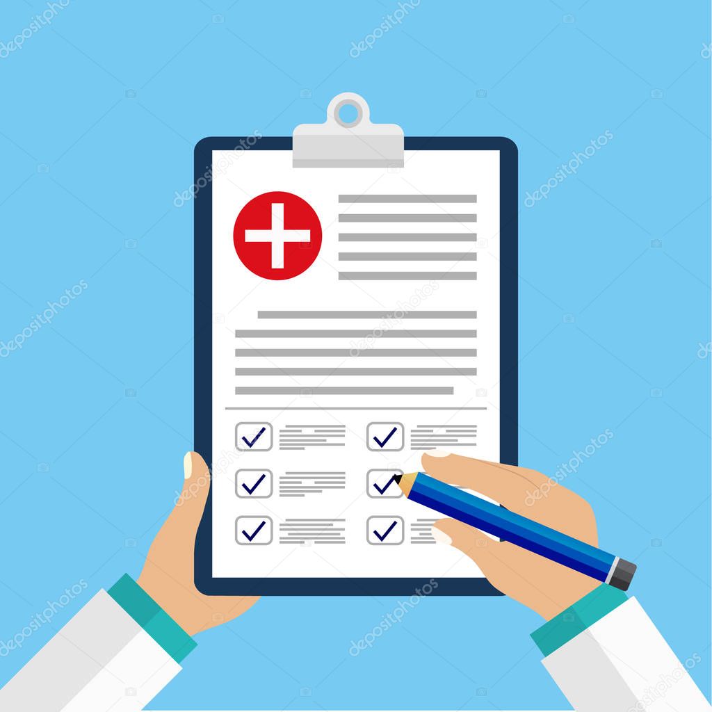 Clinical record, prescription, medical checkup report, health insurance concepts. Clipboard with checklist and medical cross and doctor hands in mockup style for website or mobile apps design. eps10