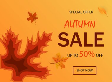 Kağıt web sitesi için satış afiş kesti. Sonbahar satış soyut kağıt arka plan kesti. Düz tarzda sıvı şeklinde satış promosyon malzemesi. Afiş, broşür, pankart, web sitesi için tasarım. vektör eps10