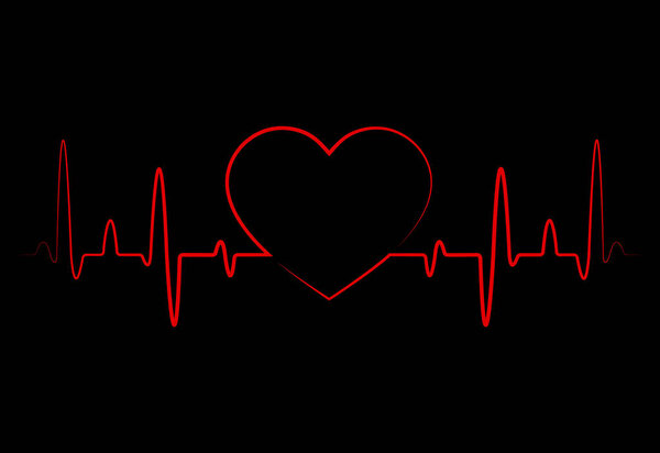 Abstract heart beats, cardiogram. Cardiology black background with red heart. Pulse of life line forming heart shape. Medical design with red heart. vector eps10