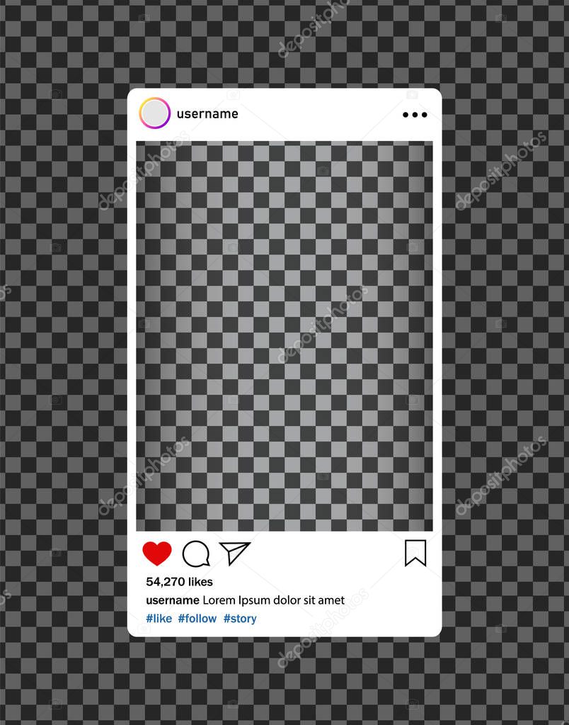 Instagram bloger. Social media photo frame with heart, loupe.Post interface for social media.vector eps10