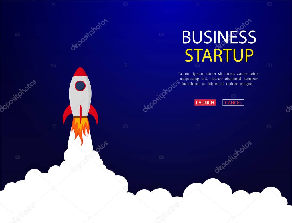 Business concept of banner with startup rocket.Launch rocket vector background. Shuttle in space. vector