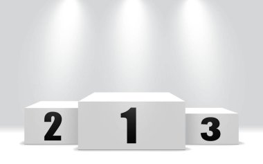 3 standlı kazanan podyum. Birinci, ikinci ve üçüncü etap kazanmak için beyaz kaide. Spot ışıklarıyla kazanan kaide. vektör illüstrasyon