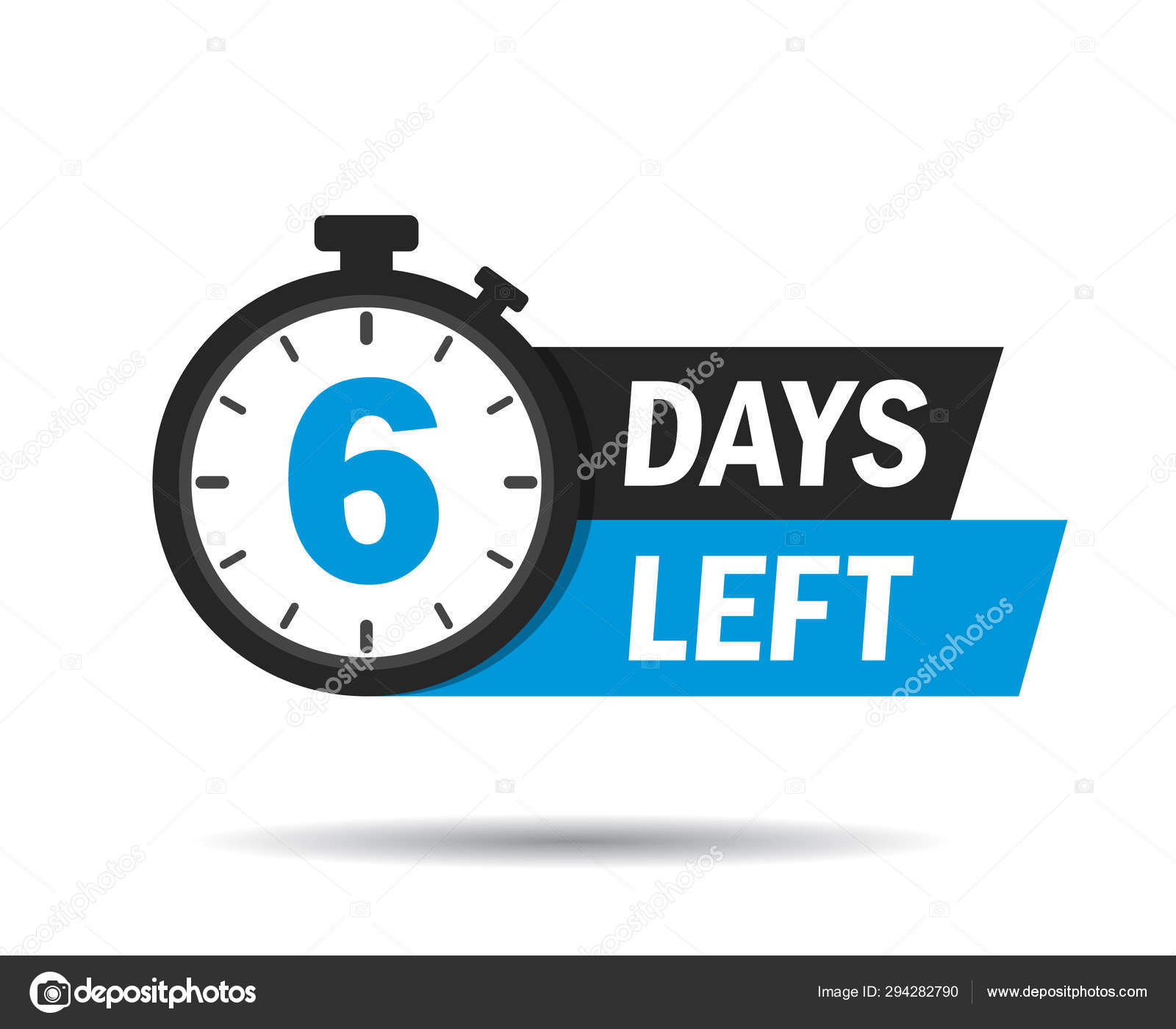 6 days left. Count timer icon. Vector emblem of 6 days left in flat