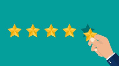 El reyting 5 yıldız koyar. Düz tarzda beş yıldız yorumlar. Üst simgede 5 yıldız. Vektör